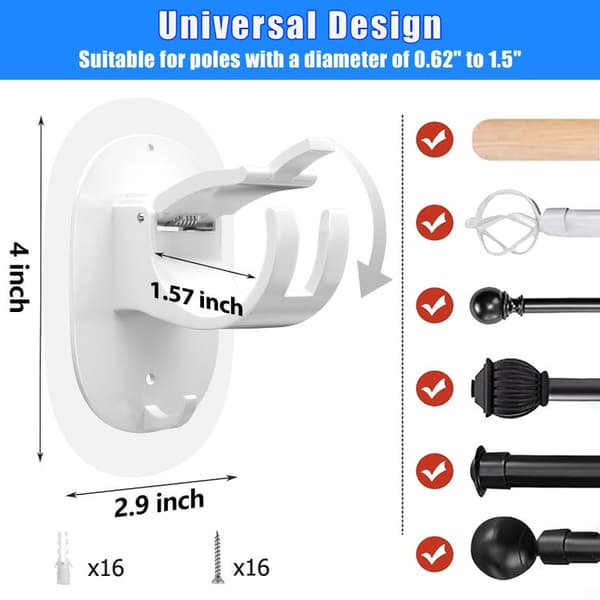 8-pack curtain rod holders, self-adhesive, drill-free, universal, adjustable, white color