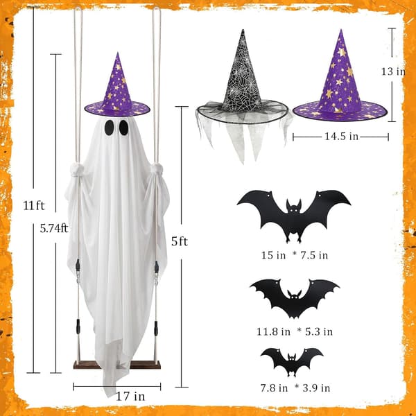 Large Hanging Ghost Halloween Decoration 3.35m, LED Lights, Bats and Witch Hat, Remote Control for Outdoor Use 1.5m