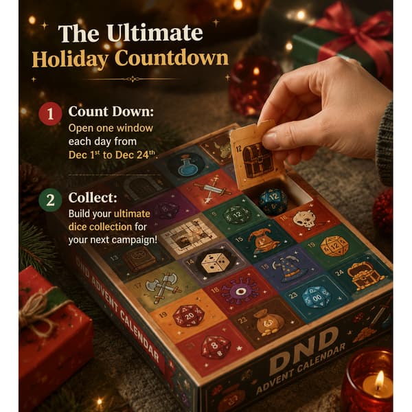 Adventskalender 2026 med terninger – 24 dagers julenedtelling med allsidige terninger for rollespill og brettspill