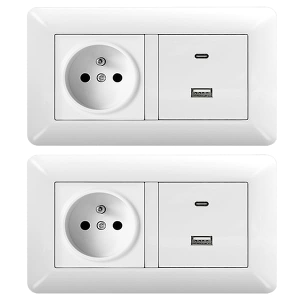 1/2 stk Duo Fransk Kontakt + USB/Type C Hurtiglading – Multifunksjon Modul Vegguttak Hvit 2-Pack