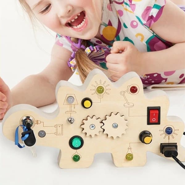 Montessori Aktivitetsbræt Dinosaur – Sensorisk Trælegetøj med Lys til Børn 1-4 år