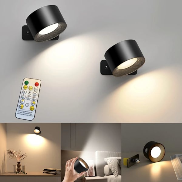 2-pack LED Wall Lights, 3 Color Temperatures, Remote Control, Dimmable Night Light, Cordless Reading Light Black