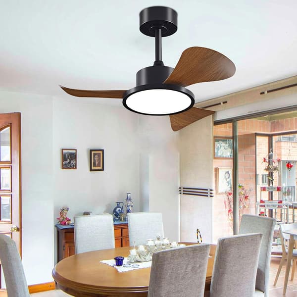 Ceiling fan with LED lighting 76 cm, 40 W, remote control and wall switch, 6 speeds, silent, 3 ABS blades Black & Walnut 76cm-Remote Control