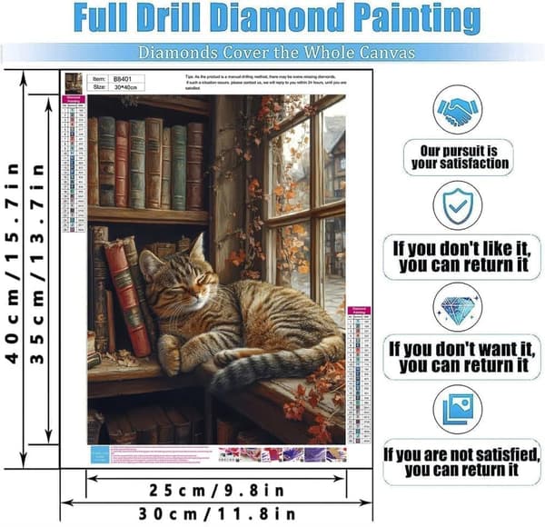Diamantmaling – 5D Full Drill DIY (40×30 cm), Sovende Katt for Vinduskarmdekor