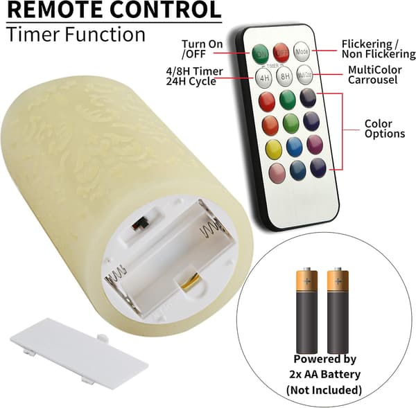 3-pack Color Changing LED Pillar Candles with Remote Control and Timer, Real Wax and Flickering Dancing Flame for Home