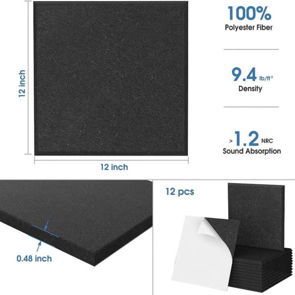 24-pak selvklæbende lydabsorberende paneler, polyester 30x30 cm, høj densitet, væg, indendørs, hvid