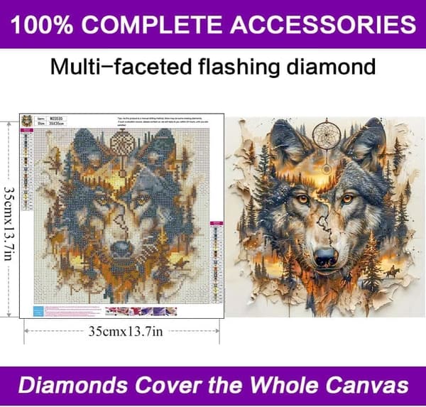 Diamantmålning – 5D Rund Full Drill DIY Varg Konstkit Present & Väggdekoration – 35×35 cm