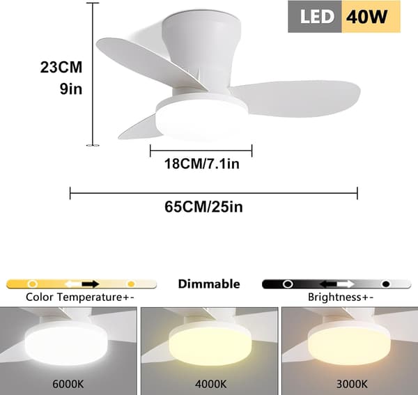 Ceiling fan with LED lighting 63/108 cm, 40 W, 3 ABS blades, remote control, 6 speeds, dimmable, quiet DC motor White 63cm