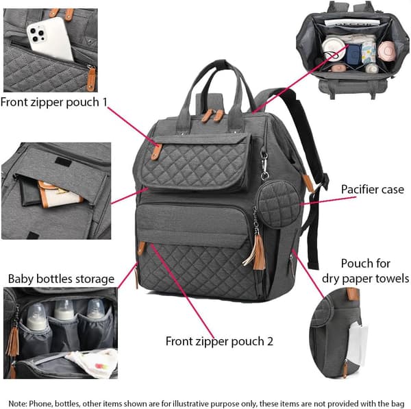 Diaper Bag Backpack Baby Waterproof with Changing Pad, Pacifier Case, Bottle Holder & Stroller Hooks, Multifunctional Diaper Bag Dark Grey