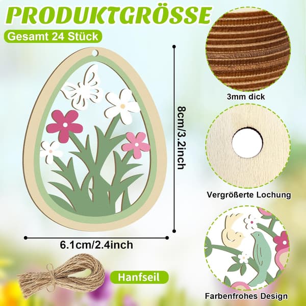 24-Pack Easter Wooden Hangers – Easter Decoration with Easter Bunny, Easter Eggs, Butterflies & Flowers Spring Decoration Green