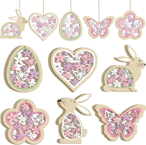 24-Pack Easter Wooden Hangers – Easter Decoration with Easter Bunny, Easter Eggs, Butterflies & Flowers Spring Decoration Pink