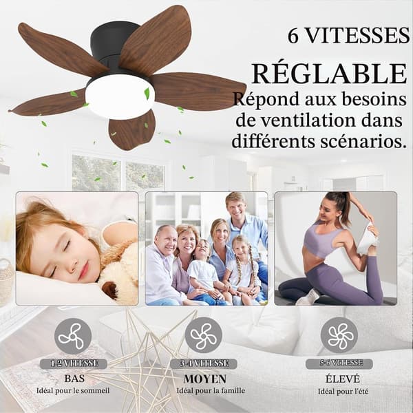 Ceiling fan with LED lighting 65/95/110 cm, 5 blades, remote control, 6 speeds, quiet reversible DC motor Black 110cm
