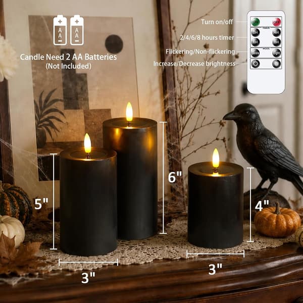 3-pack Black Halloween Flameless LED Pillar Candles with Flickering Effect, Remote Control and 2/4/6/8H Timer 3pcs