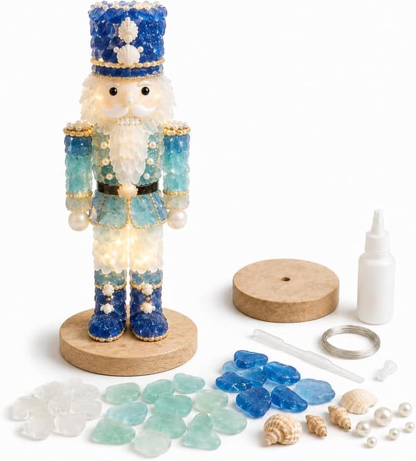 DIY Sea Glass Craft Kit, Ocean-Inspired Mosaic with Shells and Beads, Creative Christmas Decoration and Gift Nutcracker