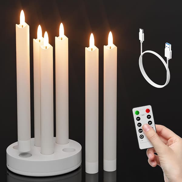 6-pack Rechargeable Flameless LED Candles with Charging Station, Realistic Wax, 3D Flickering Flame, and Remote Control B