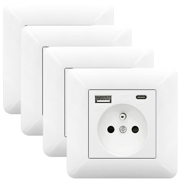 1/2/4 pcs Wall Socket 16A with USB and Type C – Built-in Power Outlet 5V/2.1A Fast Charging for Mobile & Tablet 4-Pack