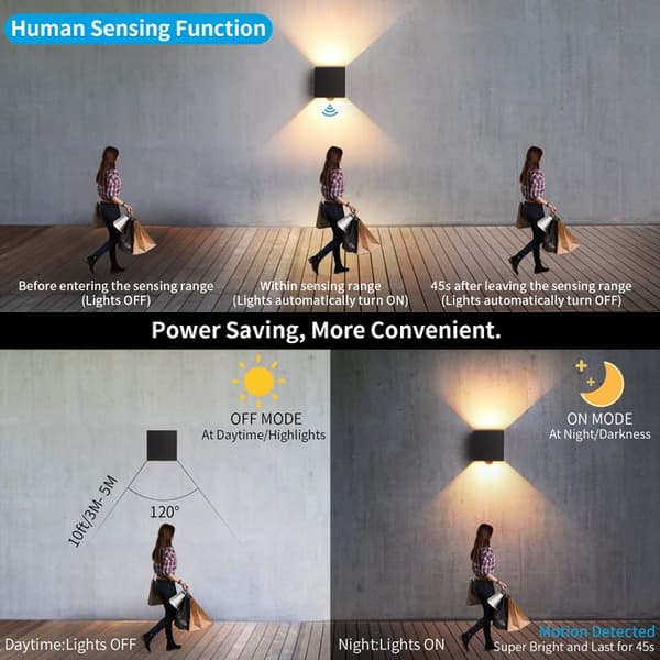 2-pack 12W LED Indoor/Outdoor Wall Lights, 3000K Warm White, IP65, Motion Sensor, Adjustable Light Angle