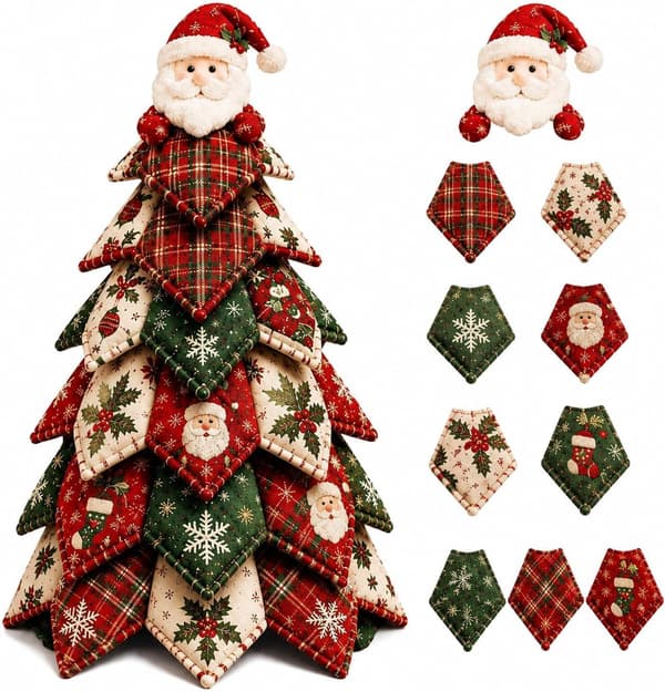 DIY Fabric 3D Christmas Tree, Quilted Patchwork Craft Kit for Beginners, Handmade Christmas Decoration for Table and Home Santa Claus