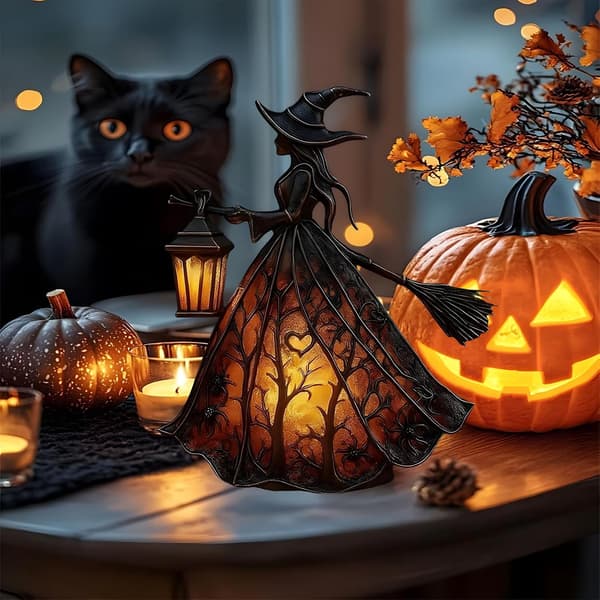 Halloween Witch Hat Table Lamp, Gothic LED Night Light, USB Powered Decorative Lamp for Home, Shelf, and Table, 16 cm