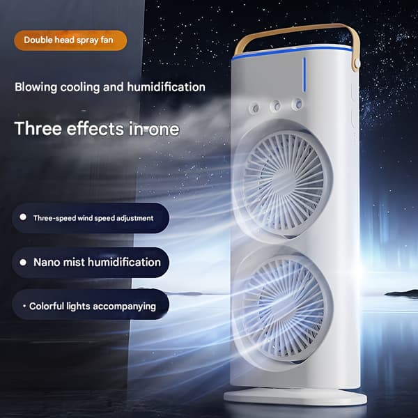 Dobbelt-hoved Oscillerende Luftkøler Ventilator, USB Genopladelig, Tågespray, 3 Hastigheder, LED Lys