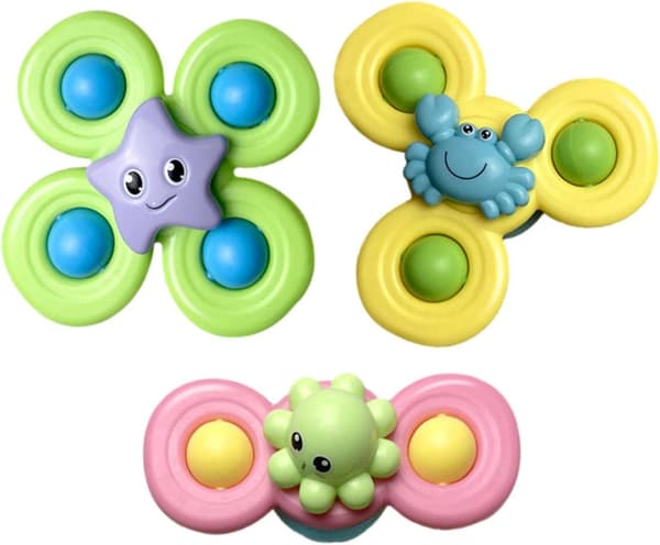 Badelegetøj til Baby 3-pak, Sugekop Spinner med Havdyr, Sensorisk Drejelegetøj til Badekar, Fidget Legetøj til Småbørn