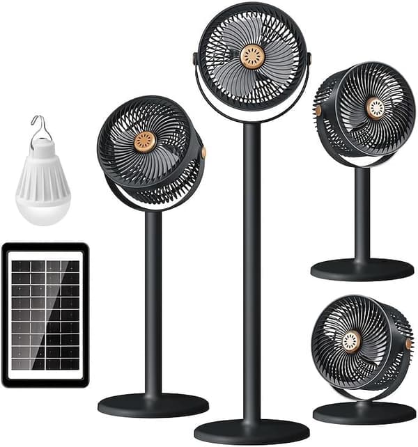 Solarventilator med panel og LED-pære, bærbar ventilator, 5 hastigheder, 360° justerbar, 4 højdeniveauer Black