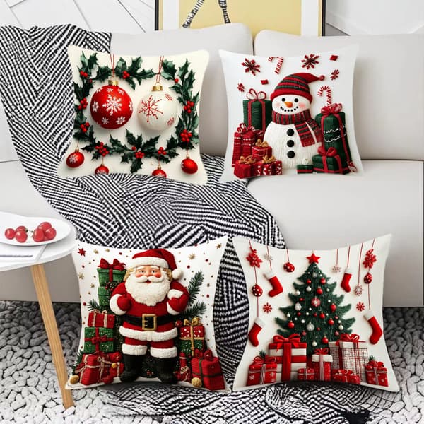 Christmas Pillow Covers 4-pack 45x45 cm – Soft Decorative Pillowcases with Santa, Christmas Tree, Wreath & Snowman for Sofa