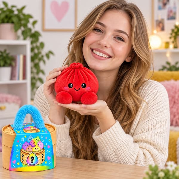 Dumpling Squishy i blødt plys, 15 cm, klemmelegetøj og fidget-legetøj i dumpling-form med dampkurv, rød