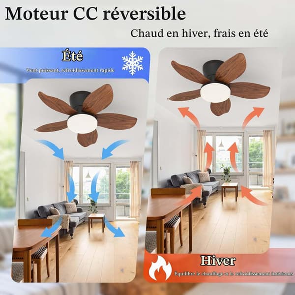 Ceiling fan with LED lighting 65/95/110 cm, 5 blades, remote control, 6 speeds, quiet reversible DC motor White 65cm