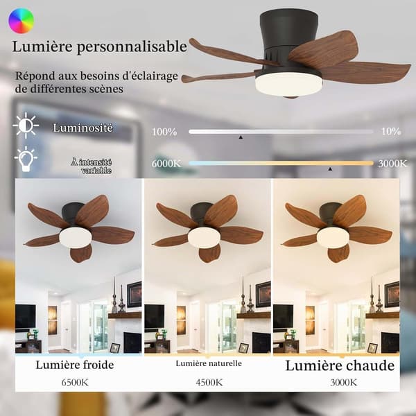 Ceiling fan with LED lighting 65/95/110 cm, 5 blades, remote control, 6 speeds, quiet reversible DC motor Black & Walnut 65cm