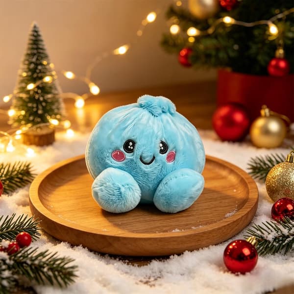 Dumpling Squishy i blød plys, 15 cm, klemmelegetøj og fidget-legetøj i dumpling-form med dampkoger, blå
