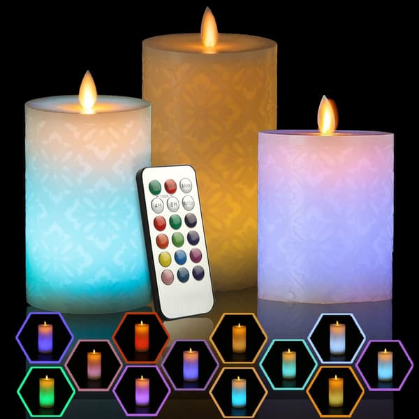3-pack Color Changing Flameless LED Pillar Candles with 18-Key Remote Control, Timer, and Flickering Flame