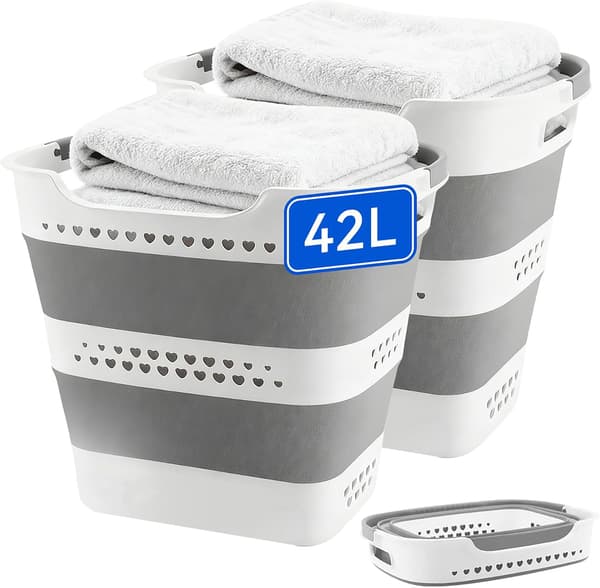 2-pack Foldable Laundry Basket 42 L Plastic with Handles, Space-Saving Laundry Hamper for Home, Bathroom, and Laundry Room Light grey