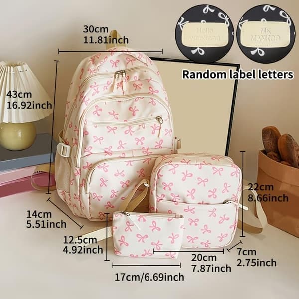 3-Piece Backpack Set with Bow, Large Daypack with Lunch Bag and Pencil Case for Work, Travel, and Everyday Use Black&Red