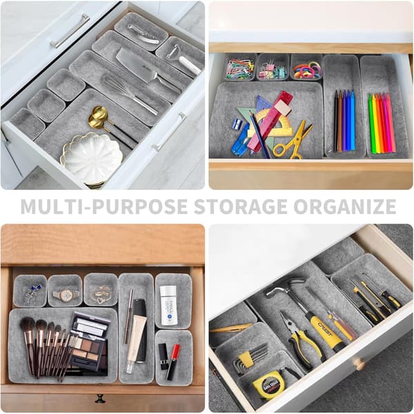 8-pak skuffeindsats filt opbevaringsboks organizer til makeupskuffe, kommode & kontor Light Gray