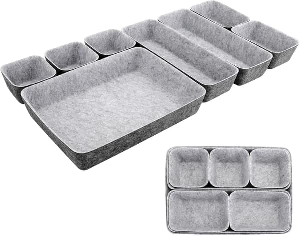 8-pack Felt Drawer Insert Storage Box Organizer for Makeup Drawer, Dresser & Office Light Gray
