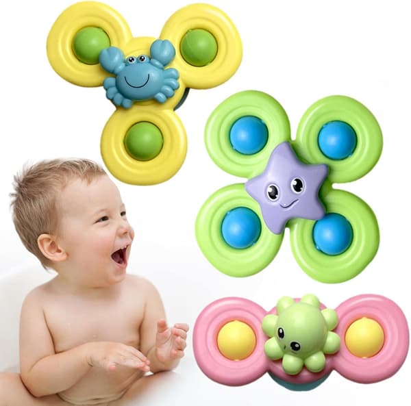 Badelegetøj til Baby 3-pak, Sugekop Spinner med Havdyr, Sensorisk Drejelegetøj til Badekar, Fidget Legetøj til Småbørn