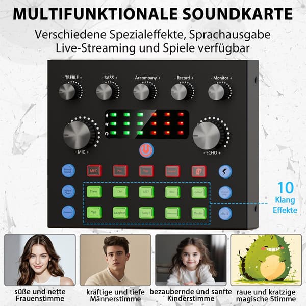 Mikrofonsæt til Podcasting & Live Streaming, Stemmeforvrænger, Udstyr til PC/Laptop og Gaming Black