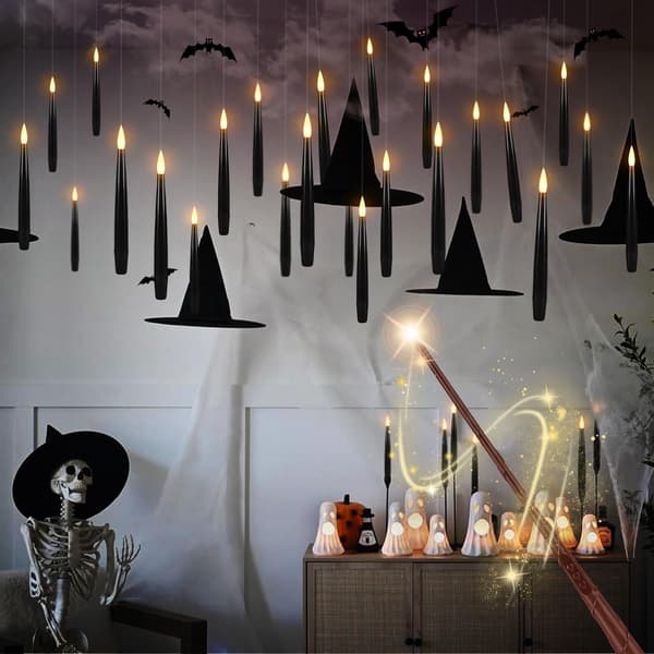 12 Pcs Black Floating LED Candles with Wand or Remote Control, Magical Hanging Lights for Halloween B