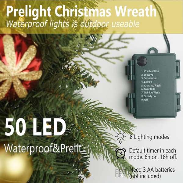 Belyst julekrans 40/50 cm med LED, røde og gullfargede julekuler samt kongler til ytterdør 50cm