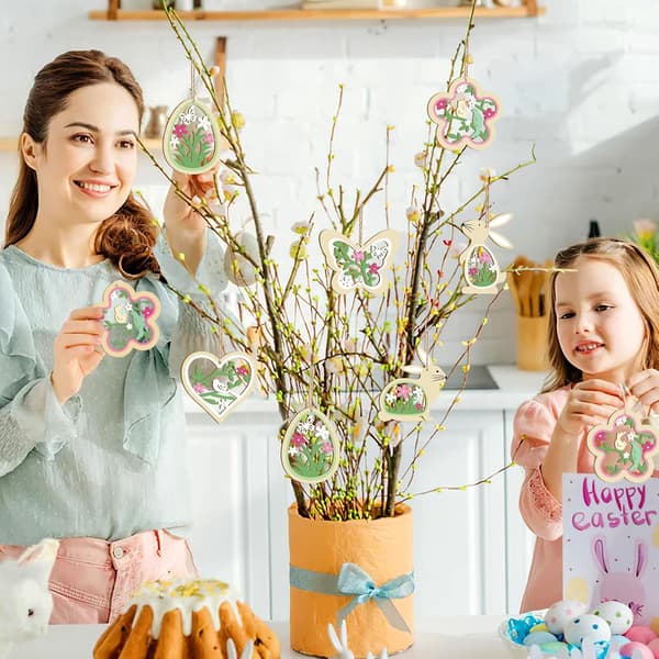 24-Pack Easter Wooden Hangers – Easter Decoration with Easter Bunny, Easter Eggs, Butterflies & Flowers Spring Decoration Green