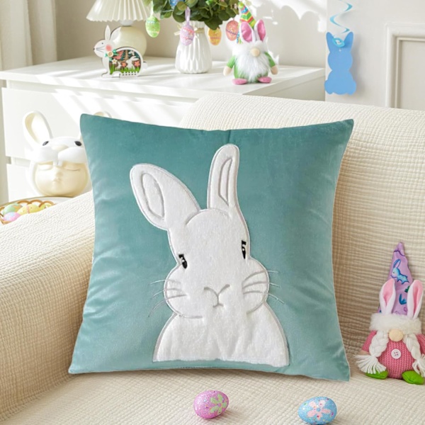 Pillowcase Easter 45x45cm 1/2-Pack – Easter Bunny Pillowcase in Velvet, Easter Decoration Throw Pillow Spring Decor Green 1pc-Rabbit
