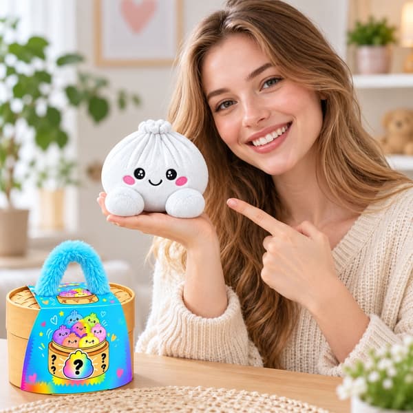 Dumpling Squishy i blødt plys, 15 cm, klemmelegetøj og fidget-legetøj i dumpling-form med dampkoger, hvid