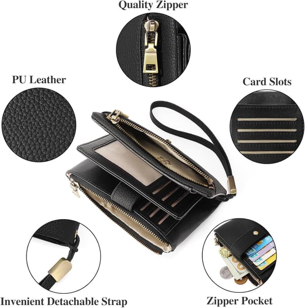 Women's Leather Wallet with RFID Protection, Small Double Zipper Wallet with Card Slots Black