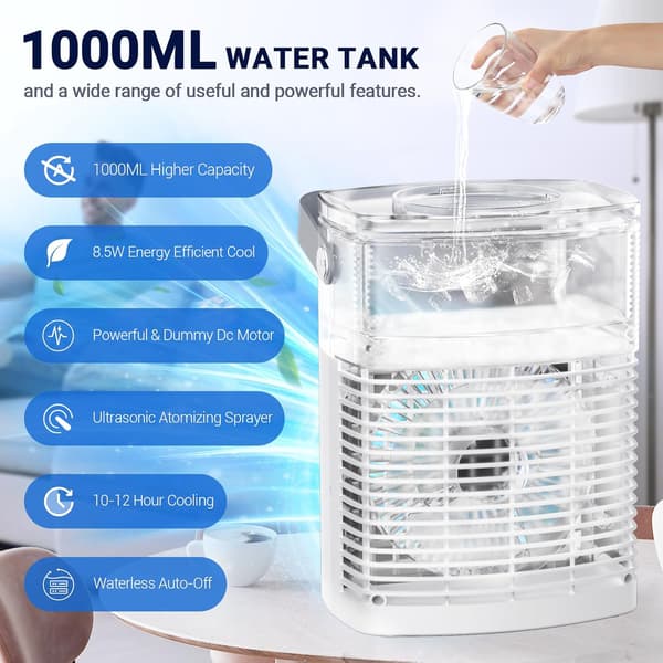 Bærbar aircondition, 3-i-1 mini AC med 1000 ml vandtank, 2/4/6 timers timer, 7 LED-lys, USB-køleventilator til kontoret