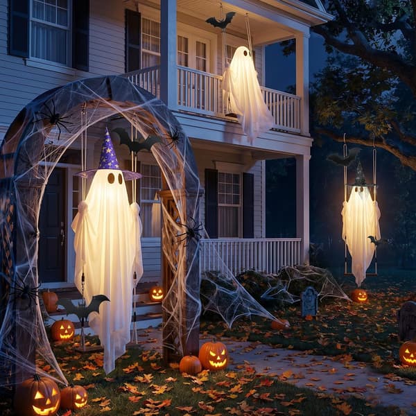 Large Hanging Ghost Halloween Decoration 3.35m, LED Lights, Bats and Witch Hat, Remote Control for Outdoor Use 1.5m