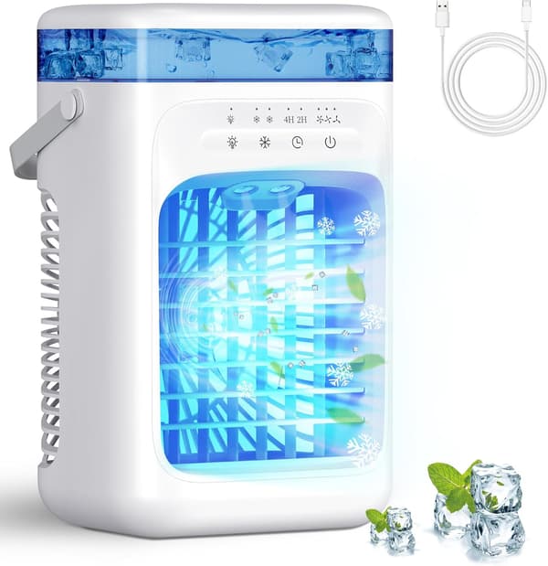 Bærbar aircondition, 1000 ml fordampningskøler med 3 hastigheder, 2 tågetilstande, timer og LED-lys White