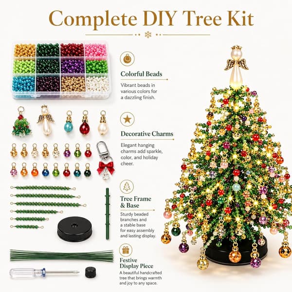DIY Christmas Tree Bead Kit with Metal Frame, Crystal Beads and Star, Handmade 3D Christmas Decoration for Table Christmas Tree