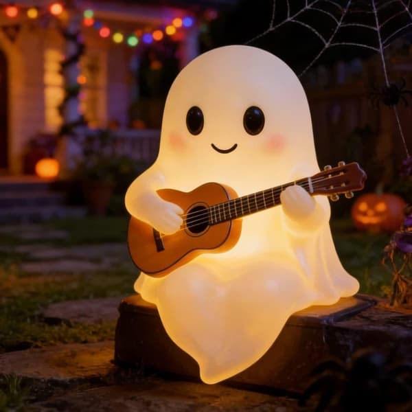 Halloween Lamp with Ghost Playing Guitar, Decorative Night Light for Table, Shelf, Fireplace, and Party Guitar Ghost Hat