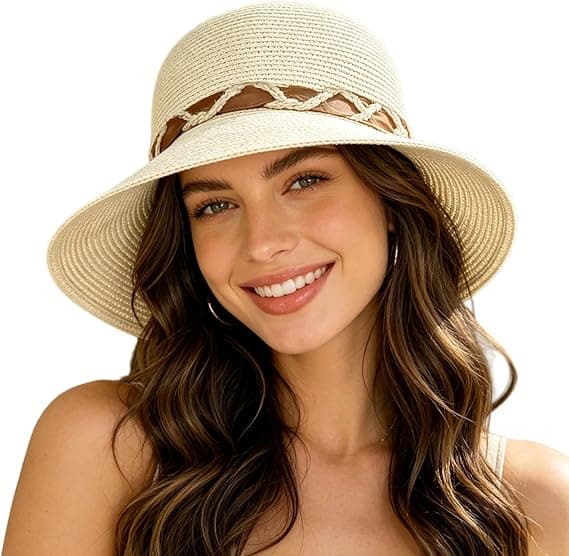 Strand Solstråhattar för kvinnor, Sommar Solskydd Vikbar Packbar Bredbrättad Hatt Beige